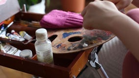 As mãos abrem o tubo da pintura e da pintura do aperto na paleta Paleta do artista com pintura e escovas de óleo video estoque As mãos abrem o tubo da pintura e da pintura do aperto na paleta Paleta do artista com pintura e escovas de óleo video estoque