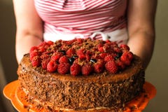 As mãos da mulher que guardam o bolo de aniversário em casa imagem de stock As mãos da mulher que guardam o bolo de aniversário em casa imagem de stock