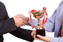 Asian business man shake hand and receive golden trophy stock photos Asian business man shake hand and receive golden trophy stock photos
