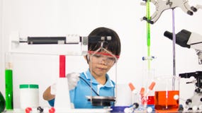 Asian Cute Child Learning Science In Laboratory On Gray Whit Background. Royalty Free Stock Photography