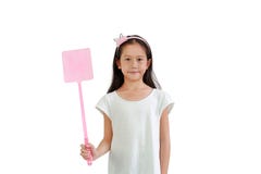 Asian little girl child holding pink flyswatter for attacking fly isolated on white background. Image with Clipping path