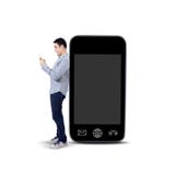 Asian man using mobile phone and standing next to big smartphone stock photo Asian man using mobile phone and standing next to big smartphone stock photo