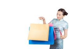 Asian women shopping in Chinese new year on isolated white background stock images Asian women shopping in Chinese new year on isolated white background stock images