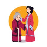Asiatin zwei im japanischer Kimono-jungen Mädchen und in älterer Dame Wearing Traditional Dress vektor abbildung Asiatin zwei im japanischer Kimono-jungen Mädchen und in älterer Dame Wearing Traditional Dress vektor abbildung