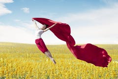 Asiatinballerina, die das rote Gewebe macht einen großen Sprung auf Wiese hält stockfotografie Asiatinballerina, die das rote Gewebe macht einen großen Sprung auf Wiese hält stockfotografie