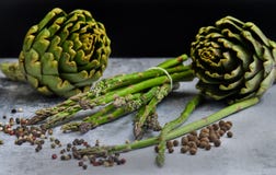 Asparagus and artichokes with herbs stock photography Asparagus and artichokes with herbs stock photography