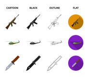 Assault rifle M16, helicopter, tank, combat knife. Military and army set collection icons in cartoon,black,outline,flat stock illustration Assault rifle M16, helicopter, tank, combat knife. Military and army set collection icons in cartoon,black,outline,flat stock illustration