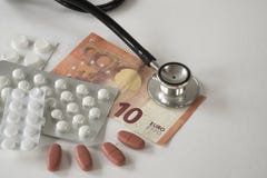 Assorted pharmaceutical medicine pills, tablets, stethoscope and money against white background royalty free stock photography Assorted pharmaceutical medicine pills, tablets, stethoscope and money against white background royalty free stock photography