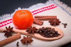 Assortment spice star anise, cinnamon sticks, cloves and orange stock photos Assortment spice star anise, cinnamon sticks, cloves and orange stock photos