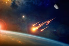 Group of burning exploding asteroids approaches to planet Earth Royalty Free Stock Photography Group of burning exploding asteroids approaches to planet Earth Royalty Free Stock Photography