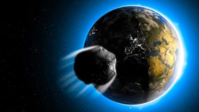 Asteroid, meteorite hitting the Earth. Earth`s atmosphere crossed by a meteorite. Collision course. Impact imminent. 3d rendering