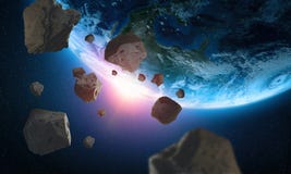 Asteroider nära planetjorden En sikt av jordklotet från utrymme stock illustrationer Asteroider nära planetjorden En sikt av jordklotet från utrymme stock illustrationer