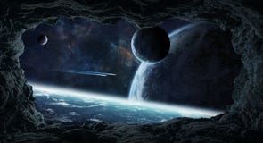 Asteroider som nästan flyger tolkningbeståndsdelar för planeter 3D av denna stock illustrationer Asteroider som nästan flyger tolkningbeståndsdelar för planeter 3D av denna stock illustrationer