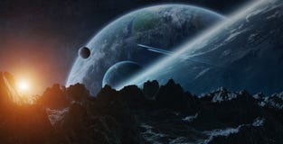 Asteroïdes volant près des éléments de rendu des planètes 3D de ceci Photos stock Asteroïdes volant près des éléments de rendu des planètes 3D de ceci Photos stock