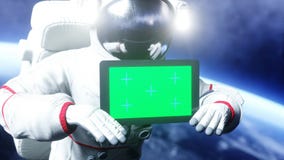Astronaut in space with tablet, monitor. 3d rendering. Stock Images Astronaut in space with tablet, monitor. 3d rendering. Stock Images
