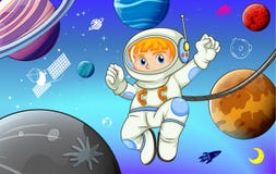 Astronauta con i pianeti nello spazio illustrazione vettoriale Astronauta con i pianeti nello spazio illustrazione vettoriale