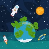 Astronauta, planetas y estrellas, nave del cohete en espacio stock de ilustración Astronauta, planetas y estrellas, nave del cohete en espacio stock de ilustración