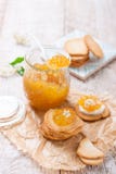 Atasco con sabor a fruta jugoso fresco con los higos en un tarro con las galletas y el requesón para el desayuno Fotos de archivo Atasco con sabor a fruta jugoso fresco con los higos en un tarro con las galletas y el requesón para el desayuno Fotos de archivo
