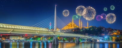 Ataturk bridge, metro bridge and beautiful fireworks, Istanbul royalty free stock images Ataturk bridge, metro bridge and beautiful fireworks, Istanbul royalty free stock images