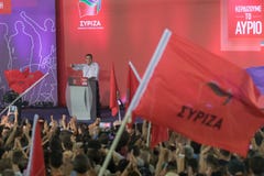 Atene, Grecia 18 settembre 2015 Primo ministro di Alexis Tsipras della Grecia che dà un discorso pubblico fotografia stock libera da diritti Atene, Grecia 18 settembre 2015 Primo ministro di Alexis Tsipras della Grecia che dà un discorso pubblico fotografia stock libera da diritti