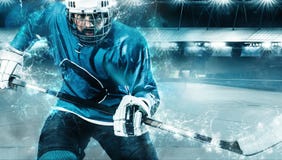 Athlète de joueur de hockey de glace dans le casque et gants sur le stade avec le bâton Tir d'action Concept de sport photo stock Athlète de joueur de hockey de glace dans le casque et gants sur le stade avec le bâton Tir d'action Concept de sport photo stock