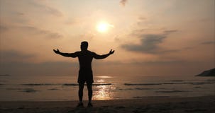 Atleta del hombre joven que mira hacia el sol, contra la puesta del sol, fondo tropical Salud, deportes, entrenamiento cardiio almacen de video Atleta del hombre joven que mira hacia el sol, contra la puesta del sol, fondo tropical Salud, deportes, entrenamiento cardiio almacen de video