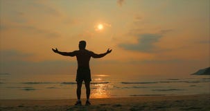 Atleta del hombre joven que mira hacia el sol, contra la puesta del sol, fondo tropical Salud, deportes, entrenamiento cardiio almacen de metraje de vídeo Atleta del hombre joven que mira hacia el sol, contra la puesta del sol, fondo tropical Salud, deportes, entrenamiento cardiio almacen de metraje de vídeo