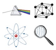 Atom and prism, magnifier and crystal lattice. engraved hand drawn in old sketch and vintage symbols. calculations royalty free illustration Atom and prism, magnifier and crystal lattice. engraved hand drawn in old sketch and vintage symbols. calculations royalty free illustration