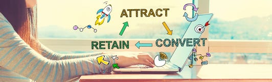 Attract Convert Retain with woman working on a laptop stock image Attract Convert Retain with woman working on a laptop stock image