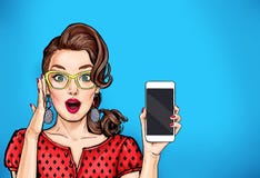 Attractive girl in specs with phone in the hand in comic style. Pop art woman