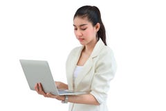 Attractive young Asian business woman with laptop on white isolated background. Stock Photography Attractive young Asian business woman with laptop on white isolated background. Stock Photography