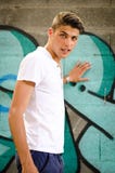 Attraktiver junger Mann, der vor Graffiti steht stockfotos Attraktiver junger Mann, der vor Graffiti steht stockfotos