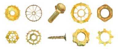 Attrezzo Ruota di ingranaggio Affare Hardware di industria Ruote arrugginite di Ellow, dadi, bullone illustratio dell'acquerello fotografie stock Attrezzo Ruota di ingranaggio Affare Hardware di industria Ruote arrugginite di Ellow, dadi, bullone illustratio dell'acquerello fotografie stock