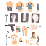 Attributs orthopédiques de chirurgie et d'orthopédies et trousse d'outils des icônes de bande dessinée avec des bandages, des ray illustration de vecteur Attributs orthopédiques de chirurgie et d'orthopédies et trousse d'outils des icônes de bande dessinée avec des bandages, des ray illustration de vecteur