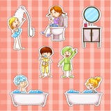 Aufkleberdesign mit den Kindern, die Sachen im Badezimmer tun vektor abbildung Aufkleberdesign mit den Kindern, die Sachen im Badezimmer tun vektor abbildung