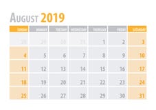 August Calendar Planner 2019 in schone minimale lijst eenvoudige stijl Vector illustratie royalty-vrije illustratie August Calendar Planner 2019 in schone minimale lijst eenvoudige stijl Vector illustratie royalty-vrije illustratie