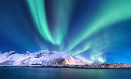 Aurora Borealis On The Lofoten Islands, Norway. Green Northern Lights Above Mountains And Ocean Shore. Night Winter Landscape With Stock Photography Aurora Borealis On The Lofoten Islands, Norway. Green Northern Lights Above Mountains And Ocean Shore. Night Winter Landscape With Stock Photography