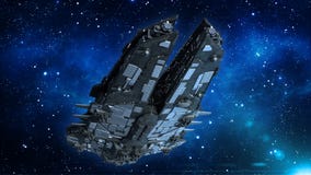 Ausländisches Raumschiff im Universum, Raumfahrzeugfliegen im Weltraum mit Sternen im Hintergrund, Ansicht von unten UFO, 3D über lizenzfreie abbildung Ausländisches Raumschiff im Universum, Raumfahrzeugfliegen im Weltraum mit Sternen im Hintergrund, Ansicht von unten UFO, 3D über lizenzfreie abbildung