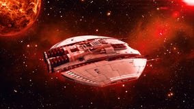 Ausländisches Raumschiff im Weltraum-, UFO-Raumfahrzeugfliegen im Universum mit Planeten und in den Sternen im Hintergrund, Drauf lizenzfreie abbildung Ausländisches Raumschiff im Weltraum-, UFO-Raumfahrzeugfliegen im Universum mit Planeten und in den Sternen im Hintergrund, Drauf lizenzfreie abbildung