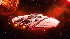 Ausländisches Raumschiff im Weltraum-, UFO-Raumfahrzeugfliegen im Universum mit Planeten und in den Sternen im Hintergrund, hinte vektor abbildung Ausländisches Raumschiff im Weltraum-, UFO-Raumfahrzeugfliegen im Universum mit Planeten und in den Sternen im Hintergrund, hinte vektor abbildung