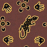 Australian aboriginal seamless vector pattern with dotted circles, lizard, palms, boomerangs and spirals stock photos Australian aboriginal seamless vector pattern with dotted circles, lizard, palms, boomerangs and spirals stock photos