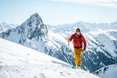 Austria, December 26 2018. Ski touring man in high alpine landscape with snowy trees stock image Austria, December 26 2018. Ski touring man in high alpine landscape with snowy trees stock image