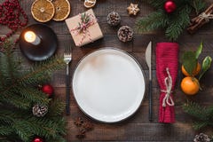 Authentic Christmas Table Setting, Top View Stock Photo