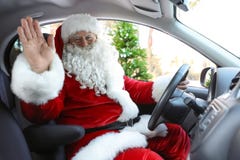Authentic Santa Claus Driving Car Stock Images