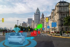 Auto van Iot combineert de slimme automobieldriverless met kunstmatige intelligentie met diepe het leren technologie de zelf drij stock fotografie Auto van Iot combineert de slimme automobieldriverless met kunstmatige intelligentie met diepe het leren technologie de zelf drij stock fotografie