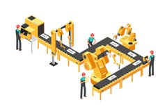 Automated production line, factory conveyor with workers and robotic arms isometric industrial vector concept royalty free illustration Automated production line, factory conveyor with workers and robotic arms isometric industrial vector concept royalty free illustration
