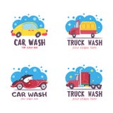 Autowashington-saubere Maschine, Autowäsche mit Schwamm und Schlauch Auto in der Karikaturart an der Waschanlage emblem lizenzfreie abbildung Autowashington-saubere Maschine, Autowäsche mit Schwamm und Schlauch Auto in der Karikaturart an der Waschanlage emblem lizenzfreie abbildung