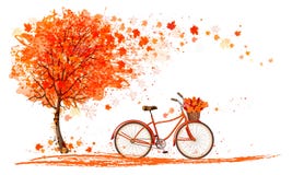 Autumn background with a tree and a bicycle.
