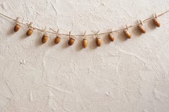Autumn composition. Acorn with clothespins on clothes line rope. Wooden pegs. Flat lay, top view, copy space. stock photos Autumn composition. Acorn with clothespins on clothes line rope. Wooden pegs. Flat lay, top view, copy space. stock photos