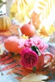 Autumn Composition Of Pumpkins, Fresh Roses In A Cup, Leaves On A Windowsill Stock Image